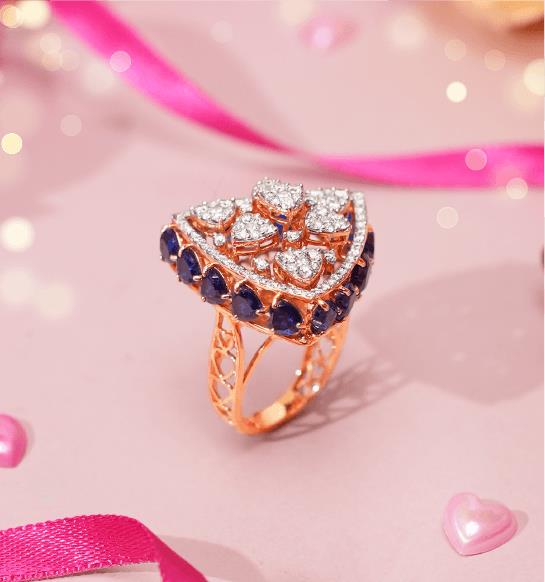 Diamond ring with blue gemstones in gold setting by INDUS VALLEY
