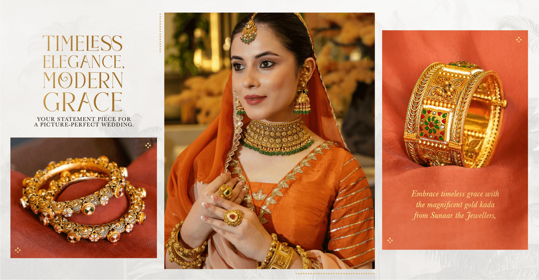 Bride wearing traditional gold necklace, bangles and kada for wedding Real Estate collection